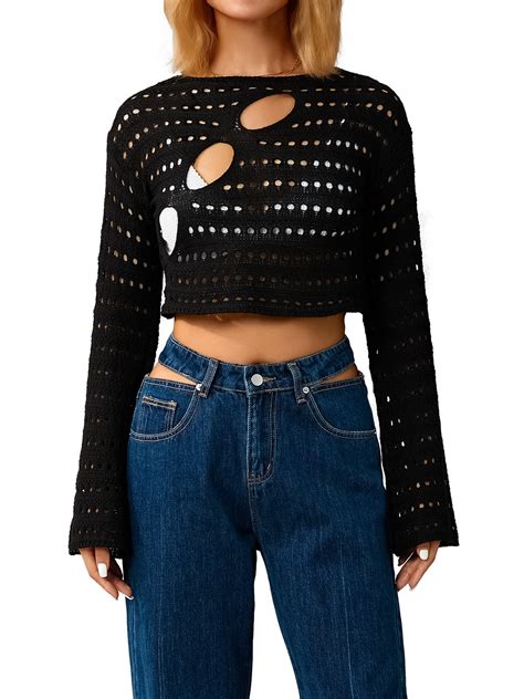 Bangyeer Women Hollow Out Crochet Knit Crop Tops Long Sleeve Square Neck Fall Sweaters Tops