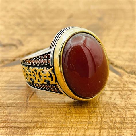 Red Agate Silver Ring Men Red Signet Ring Turkish Ottoman Style Handmade Mens Jewelry Red