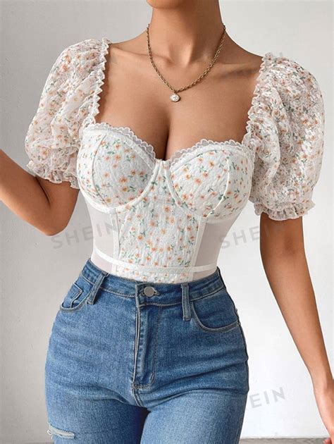 Shein Priv Mai Busti Impress O Floral Dits Renda De Contraste Manga