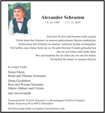 Alle Traueranzeigen für Alexander Schramm trauer rp online de