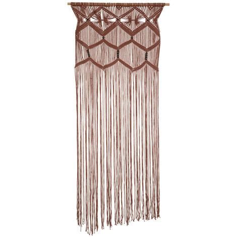 Rideau fil macramé en Coton marron cannelle et perles en bois 90 x 200