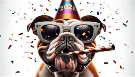 English Bulldog At Party Wearing Party Hat And Striped Horn Stock