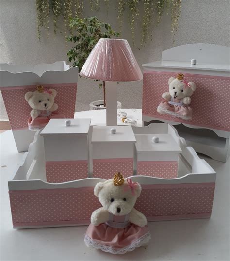 KIT HIGIENE EM MDF 7 PÇS DECORADO URSA PRINCESA ROSÊ Elo7