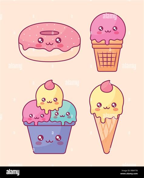 Cute Ice Creams And Donuts Kawaii Characters Vector Illustration Design