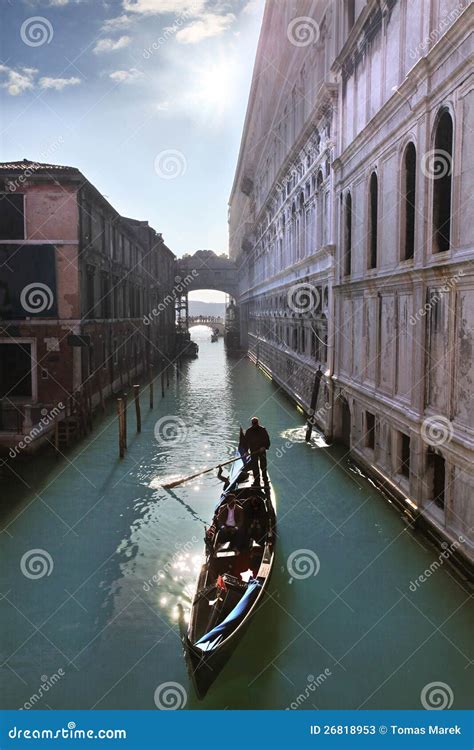 Venice, canal with gondola editorial stock photo. Image of bright ...