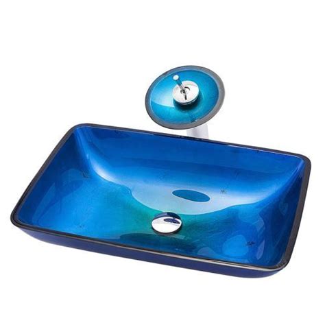 Blue Colored Glass Basin Rectangular Tempered Glass Vessel Sink For