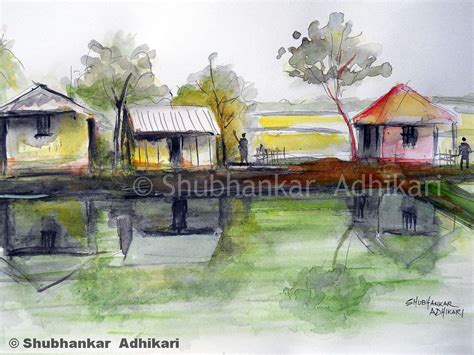 Artworks by Shubhankar Adhikari: Rural India - A village scene painting ...