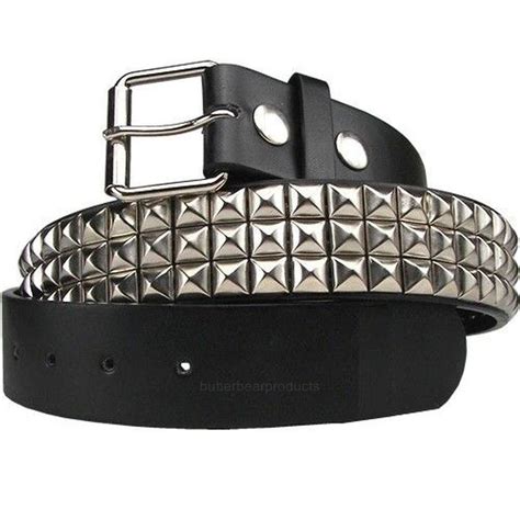 Black Leather Silver Studded Spike 3row Pyramid Snap On Belt Removable