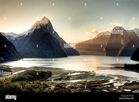 Mitre Peak At Sunset From Above Village Milford Sound Fiordland