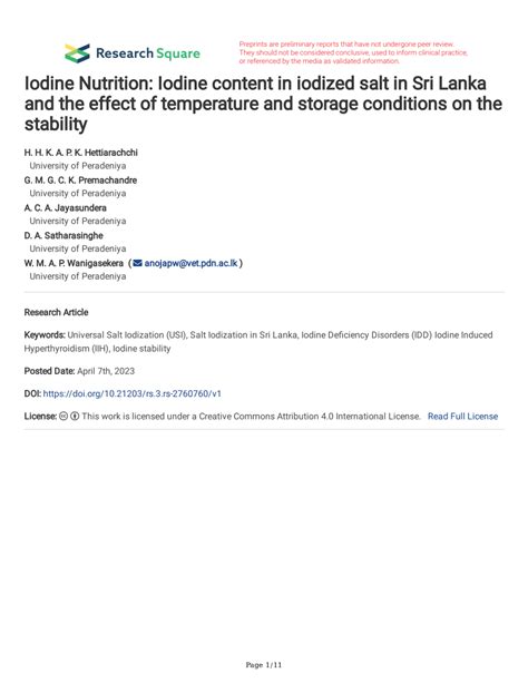 Pdf Iodine Nutrition Iodine Content In Iodized Salt In Sri Lanka And