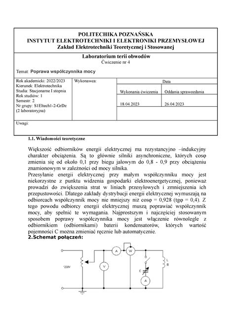 Sprawko Poprawa Wsp Czynnika Mocy Politechika Pozna Ska Instytut