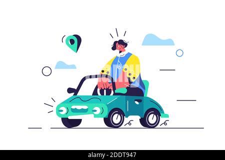 Happy Male Driver Rides Car Driving Trip Taxi Concept Cartoon