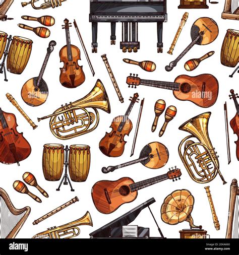 Music Instruments Seamless Pattern Background Vector Sketch Piano