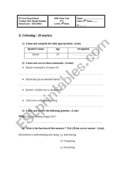 Mid Term Test N 1 For 9 Th Form Pupils In TUNISIA ESL Worksheet By