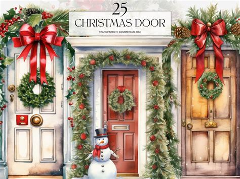 Watercolor Christmas Door Clipart Printable Botanical Holiday Etsy