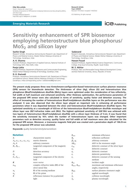 Pdf Sensitivity Enhancement Of Spr Biosensor Employing