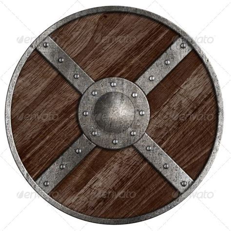 Medieval Vikings Round Wooden Shield Isolated On White Northman Aged Antique Boarded Border