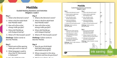 Free Guided Reading Sheets For Pupils To Support Teaching On Matilda