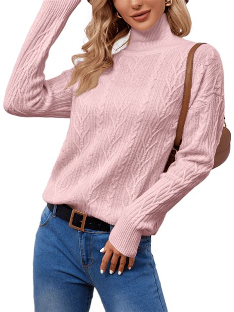 Berthmeer Pink Turtleneck Womens Sweaters Tops Oversized Sweaters Cable