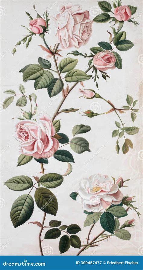 A Painting Of Pink Roses With Green Leaves Stock Image Image Of