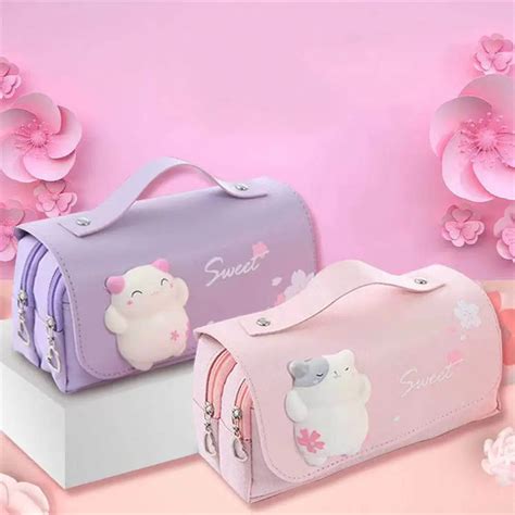 Kawaii caneta saco meninas portátil dupla camada de descompressão caso