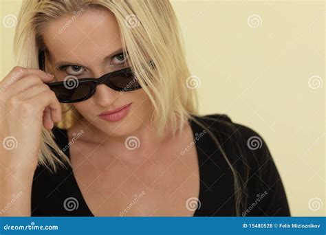 Woman Removing Her Sunglasses Stock Photo Image Of Yellow Model