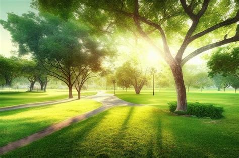 Beautiful Public Park With Green Grass Field On Morning Light Created With Generative Ai