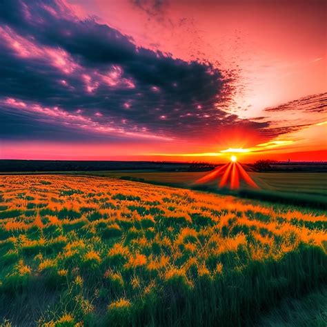 Premium Photo Natural Sunset Sunrise Over Field Or Meadow Bright