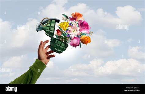 Stop War And No Violence Concept As A Grenade Weapon With Flowers As A