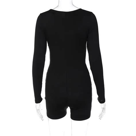 Women Black Sexy Long Sleeve Bodycon One Piece Party Clubwear Hollow Out Birthday Playsuit