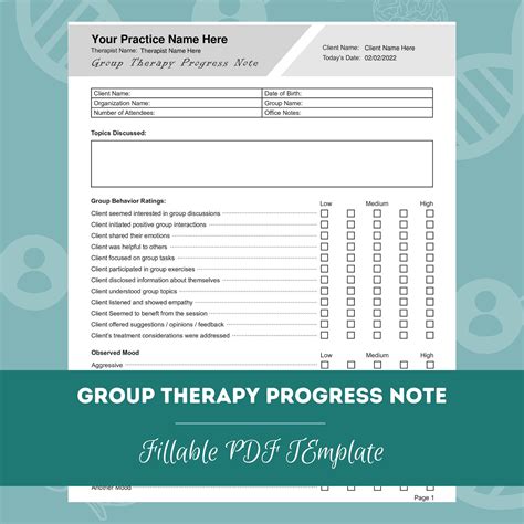 Group Therapy Progress Note Editable Fillable Pdf Template For Counselors Psychologists