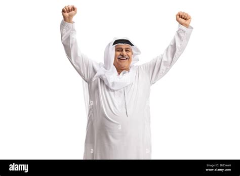 Excited Mature Arab Man Gesturing Happiness Isolated On White