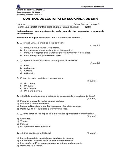 Control De Lectura La Escapada De Ema Pdf Ocio