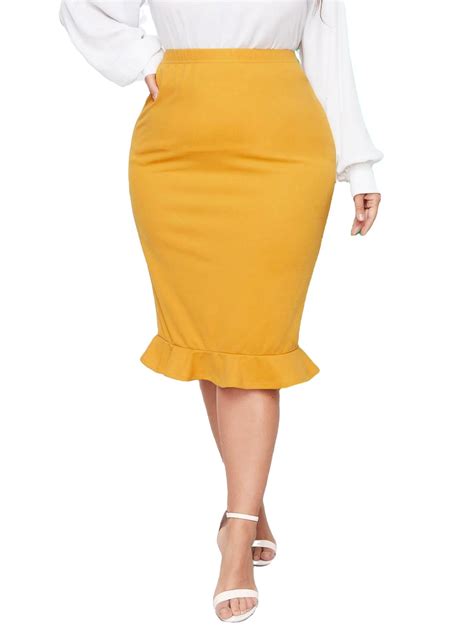 Elegant Solid Pencil Yellow Plus Size Skirts Womens