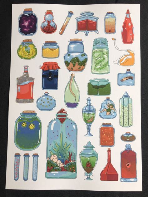 D D Bottles Potions Jars A4 Print Dnd Gift Class Fantasy Etsy