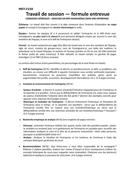 Guide Du Travail De Session Formule Entrevue Travail De Session