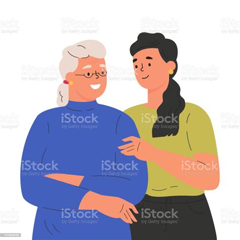 Happy Adult Daughter Hugging Old Mother Stock Illustration Download