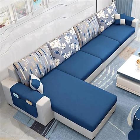 Furny Larona Seater Fabric Lhs L Shape Sofa Set Blue Light Grey