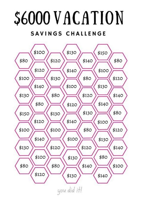 The 6000 Vacation Savings Challenge Is Shown In Pink And Black With Hexagonal