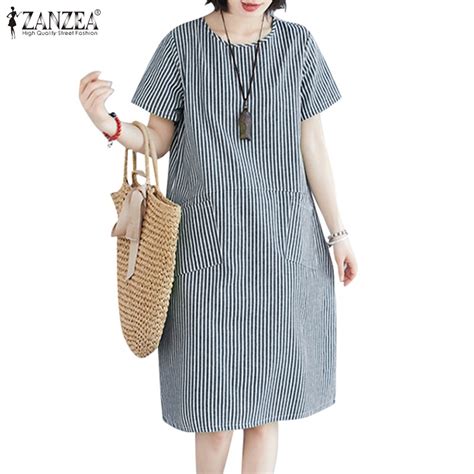 Zanzea Women Korean Casual Loose Round Neck Short Sleeve Striped Mini