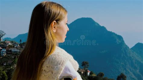 Travel Woman Standing on Top of Mountain, Enjoying View at Sunrise ...