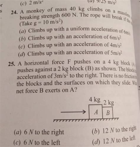 A Horizontal Force F Pushes On A 4 Kg Block A Pushes Against A 2 Kg Blo