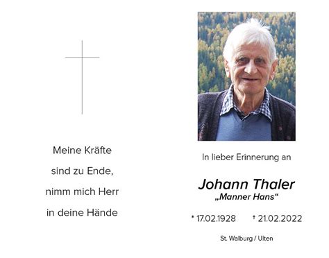 Johann Thaler Aus Ulten Trauerhilfe It Das S Dtiroler Gedenkportal