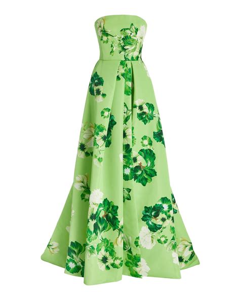 Monique Lhuillier Floral Crepe Strapless Gown In Green Lyst