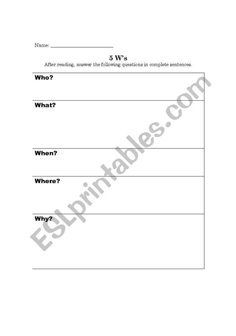 English Worksheets 5 Ws