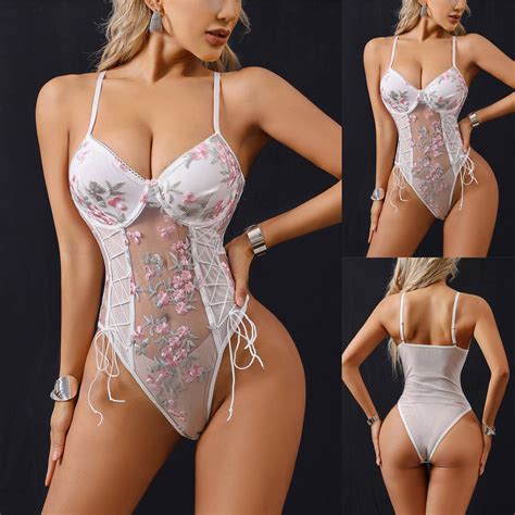 Uix Women S Fun Lingerie Flower Embroidery Tie Bodysuit Hidden Crotch