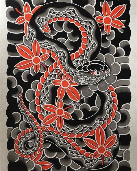 A Drawing Of A Dragon With Red Flowers On It S Body And Black Background