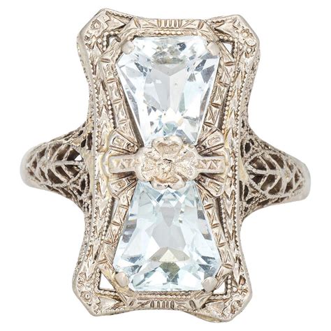 Art Deco Aquamarine And Diamond Filigree Ring In 18 Karat White Gold