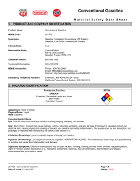 Material Safety Data Sheet Unleaded Gasoline All Grades