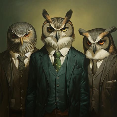 Premium Photo Three Owls Dressed In Suits And Ties Standing Next To